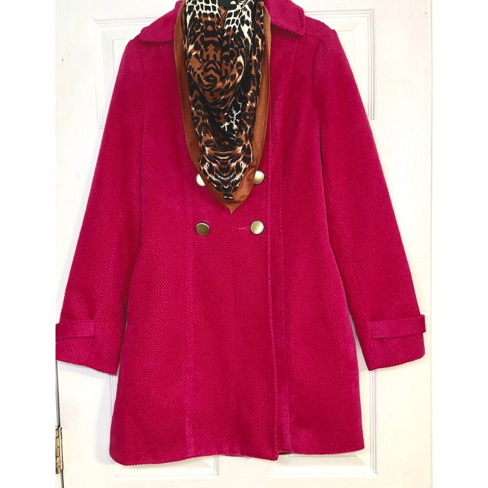 Aryn K Vibrant Hot Pink Double Breasted Peacoat Gold Buttons Sz SM Cheetah Scarf